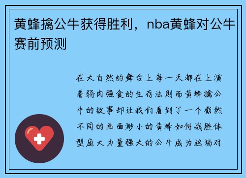 黄蜂擒公牛获得胜利，nba黄蜂对公牛赛前预测