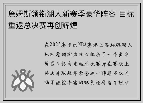 詹姆斯领衔湖人新赛季豪华阵容 目标重返总决赛再创辉煌 詹姆斯领衔湖人新赛季豪华阵容 目标重返总决赛再创辉煌