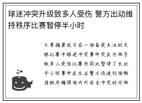 球迷冲突升级致多人受伤 警方出动维持秩序比赛暂停半小时